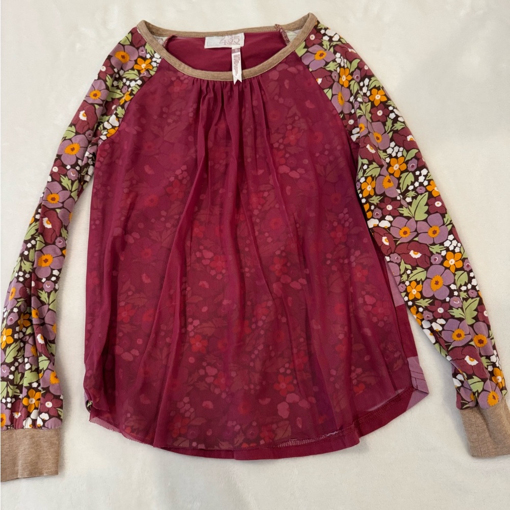 Matilda Jane Burgundy Top with Floral Sleeves